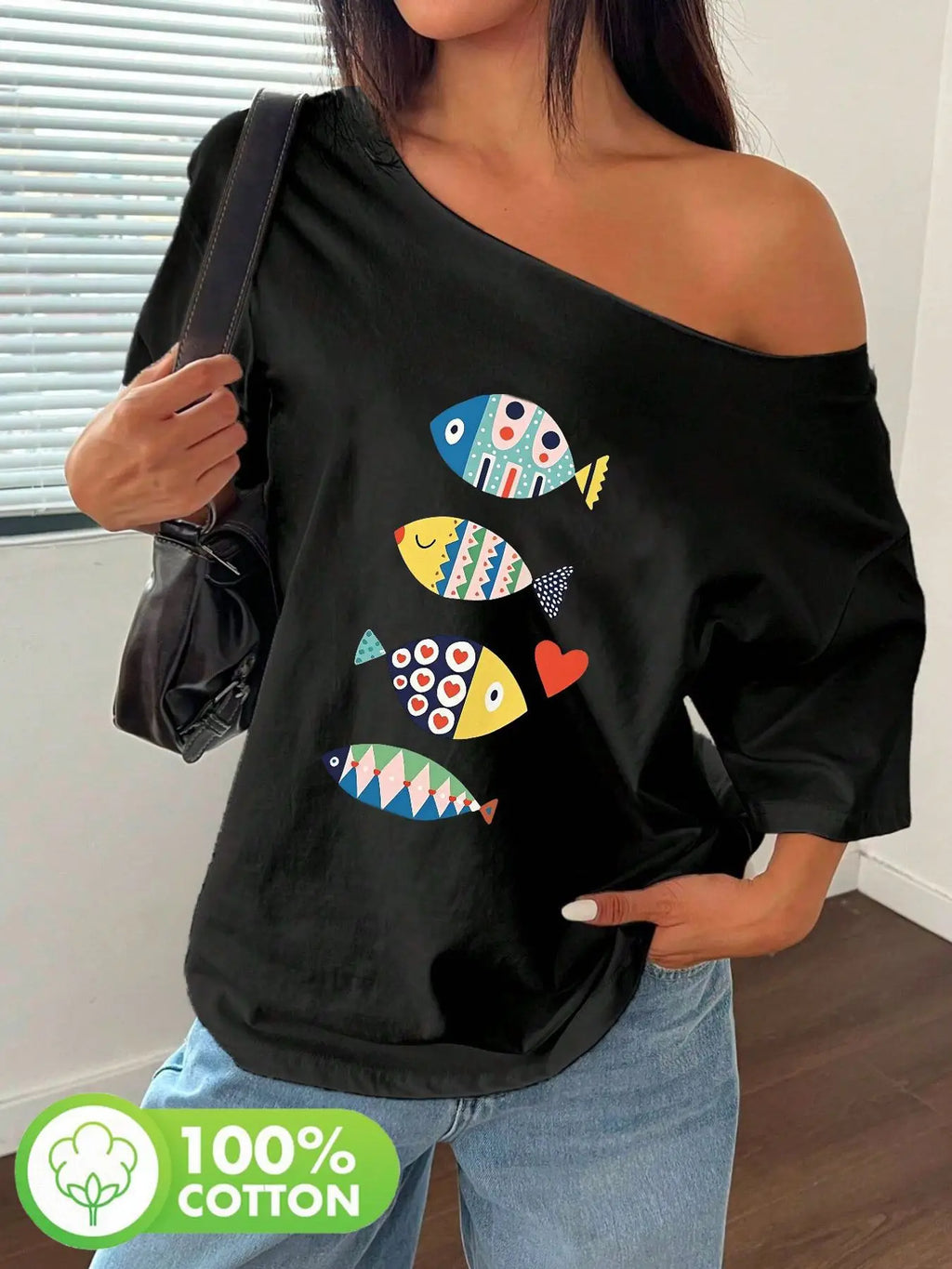 Plus Size Vertical Colorful Geometric Fish Pattern Print T-Shirt Oversized Y2K Style Graphic Tees Women Tops Summer Off The S