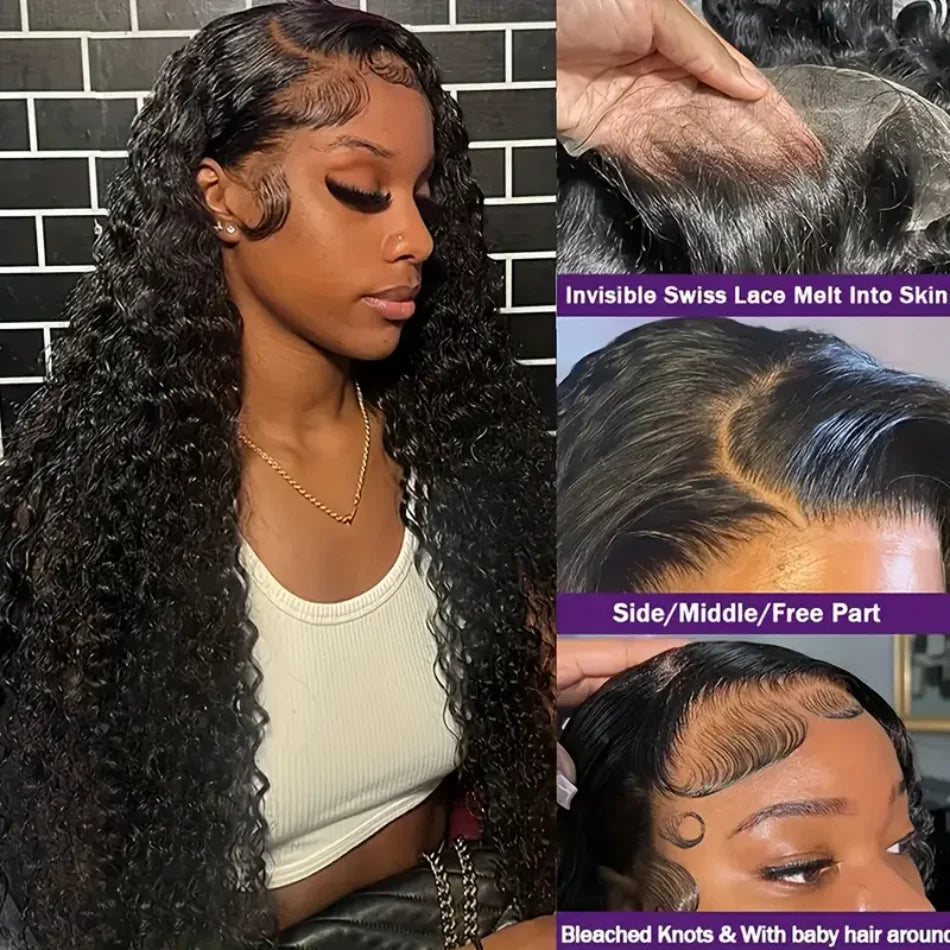 13X6 Hd Lace Frontal Wig Curly Deep Wave Human Hair Wigs 40 Inch Lace Front Wigs Brazilian Natural Black 230 Density Pre Plucked