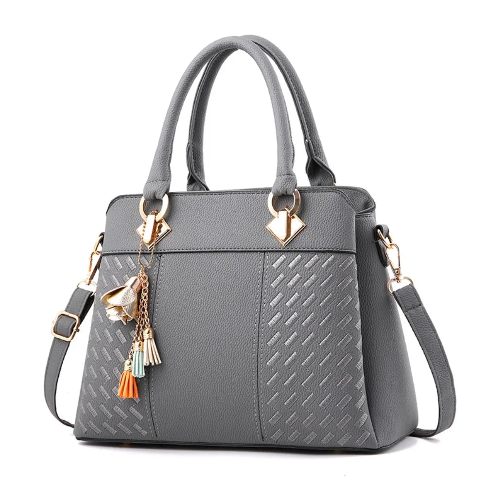 Casual PU Leather Shoulder Bags with Pendant Solid Color Ladies Handbags Large Capacity Embossed Crossbody Bag