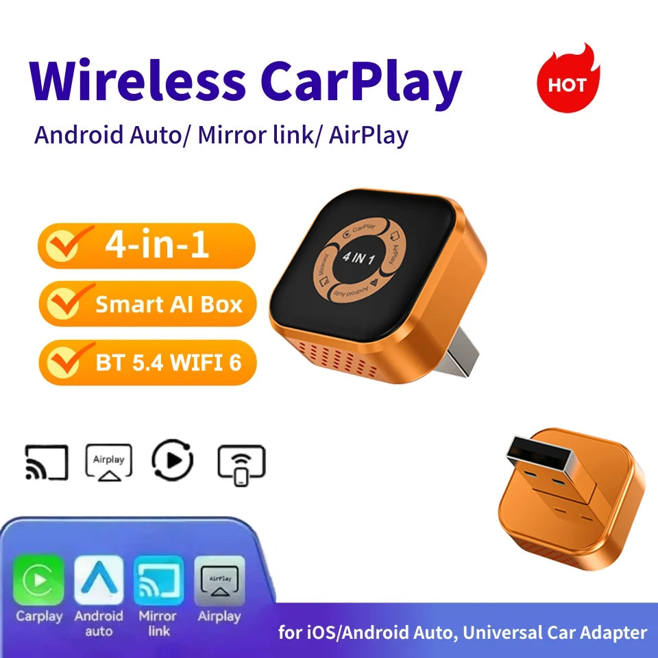 2026 Mini 4 in1 Wired to Wireless CarPlay Dongle Android Auto Airplay Wireless Adapter WiFi Dongle USB Plug and Play Mirror link