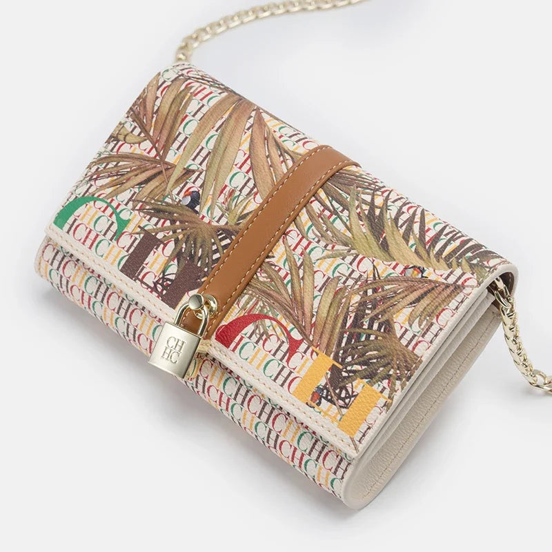 CH Chain Bag with Floral Letter Print Lock Design High Quality PU Material Women's 2026 Designer Shoulder Bag