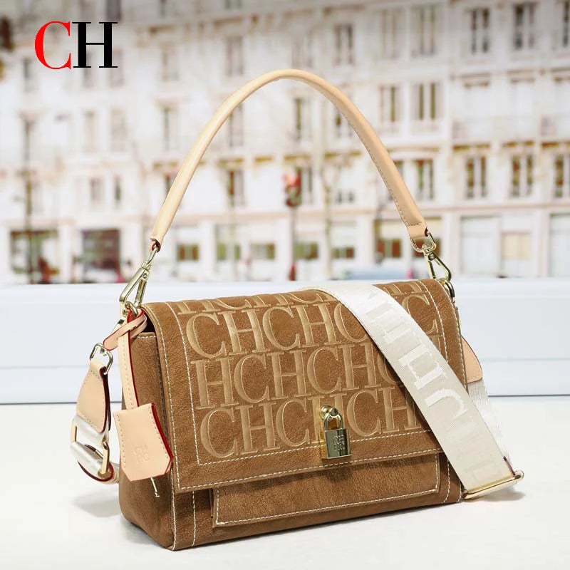CH Embossed Flap Crossbody Bag Women 2 Detachable Straps Wide Shoulder Strap Designer Lock Leather Messenger Handbag