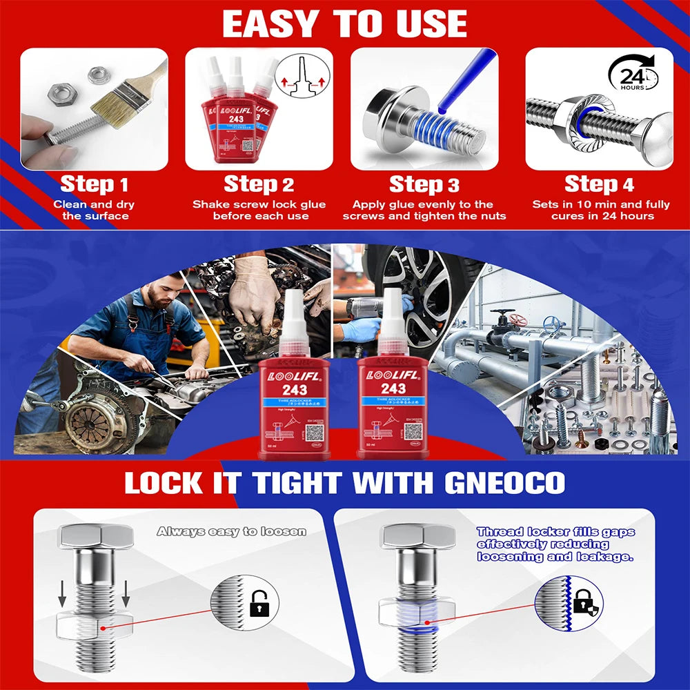 Blue & Red Thread Locker, Medium High Strength Thread Sealant for Nuts Bolts Fasteners Metal Threads, Anti-Loosening Anti-Leak Anaerobic Thread Lock Compound, 50ml×4 Pack Thread Lock Adhesive Glue