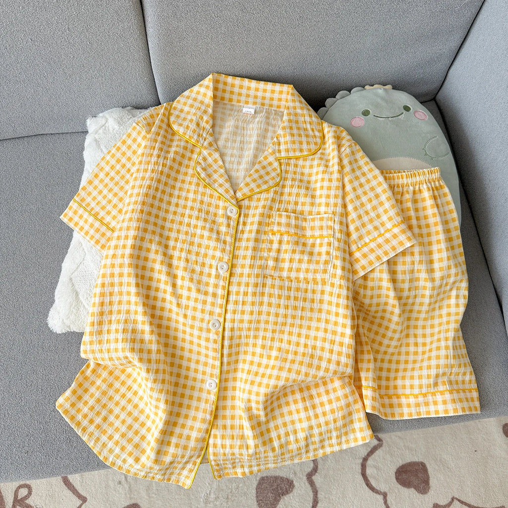 Women's Summer Pajamas, Thin Plaid Pattern Short-Sleeved Shorts, Sweet and Cute, Can Be Worn Outside in Summer, Two-Piece Home Wear Set
