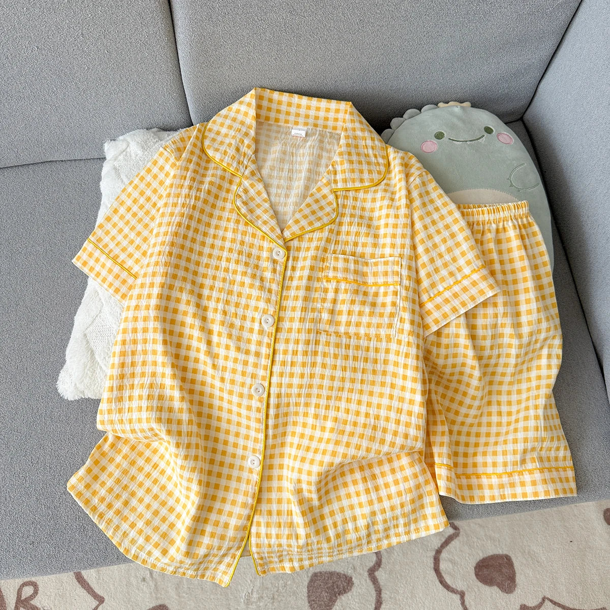 Women's Summer Pajamas, Thin Plaid Pattern Short-Sleeved Shorts, Sweet and Cute, Can Be Worn Outside in Summer, Two-Piece Home Wear Set