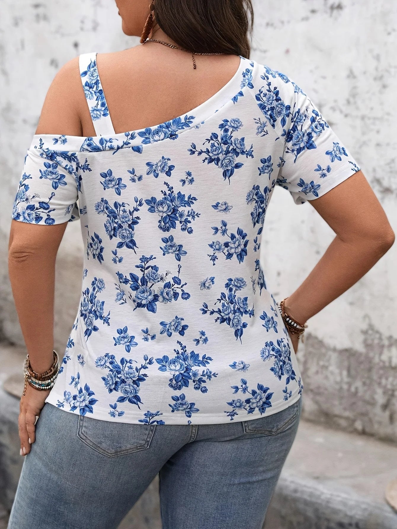 Plus Size Women's White & Blue Floral Print Cold Shoulder Top - Asymmetric Neck Ruffle Sleeve Blouse (0XL-4XL)