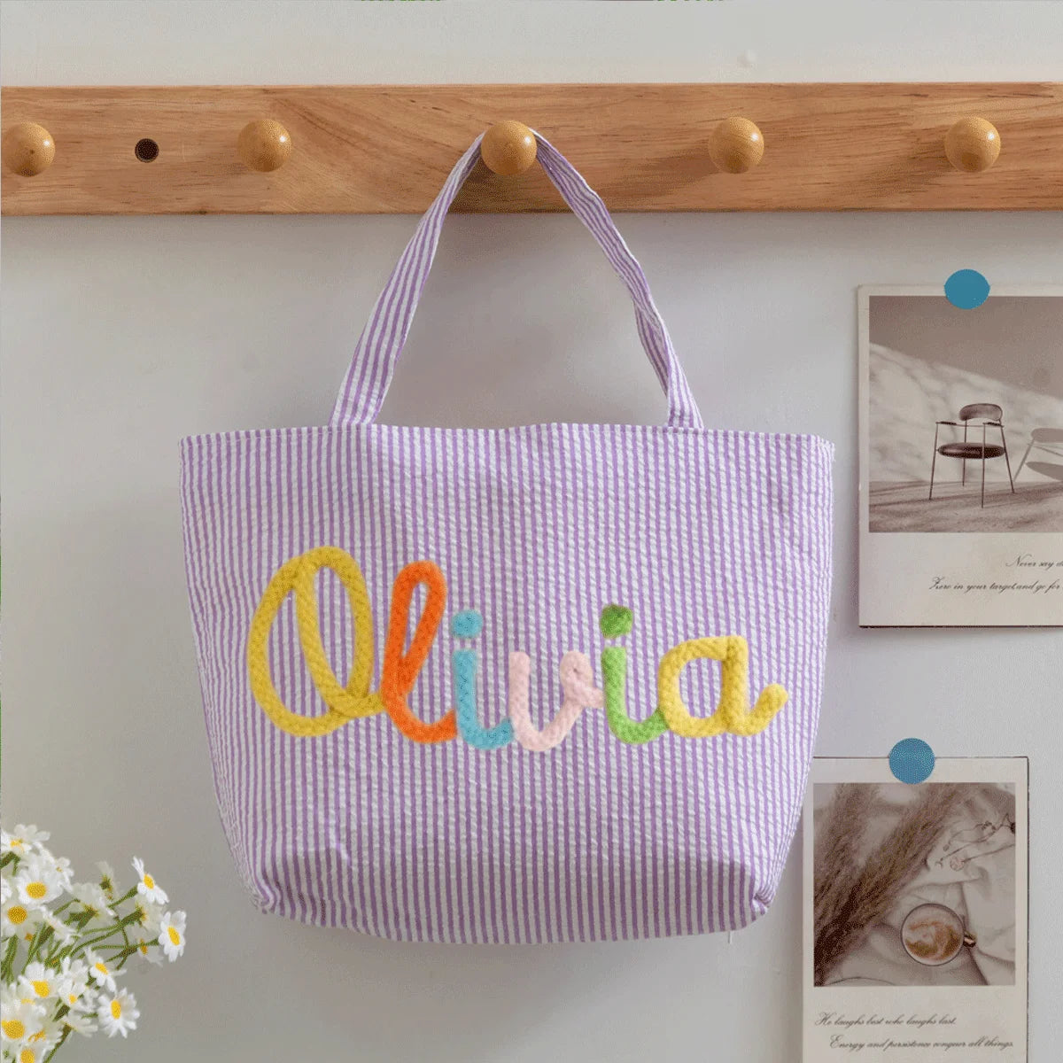 Custom Seersucker Cosmetic Handbag and Travel Organizer — Personalized Chenille Letter Toiletry Bag and Summer Beach Tote