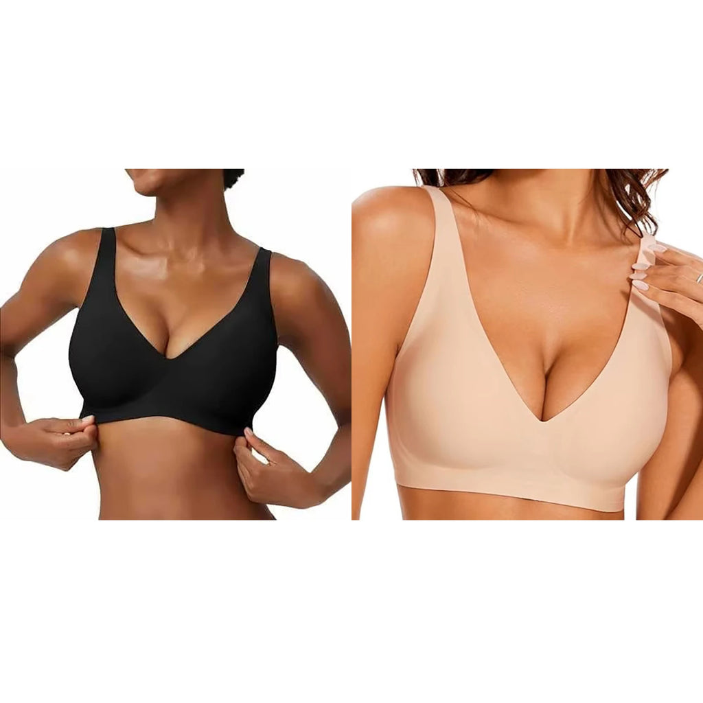 Women's Seamless Pink Leopard Print Bra Wire-Free Bra Full Cup Soft Thin Mold Support Breathable and Beauty Deep V Plus Up Bra
