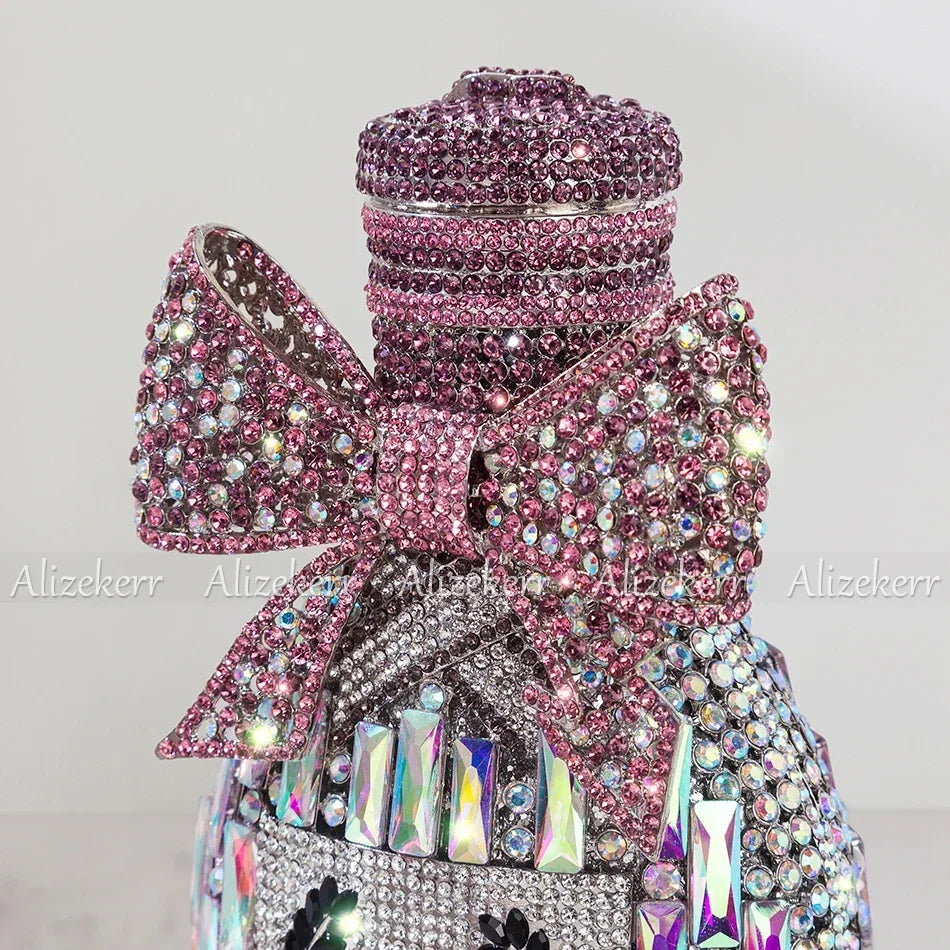 Alizekerr Champagne Bottle Shaped Bow Crystal Evening Bags Women Gorgeous Unique Bling Diamond Metal Clutch Purses Wedding Party