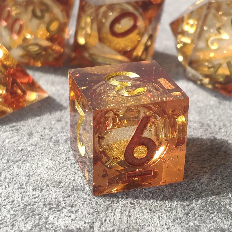 MINI PLANET Gold Sand Liquid Core Dice D&D Set Handmade Polyhedral Resin Dice With Sharp Edge For TRPG DND D6 D20 Dice Games