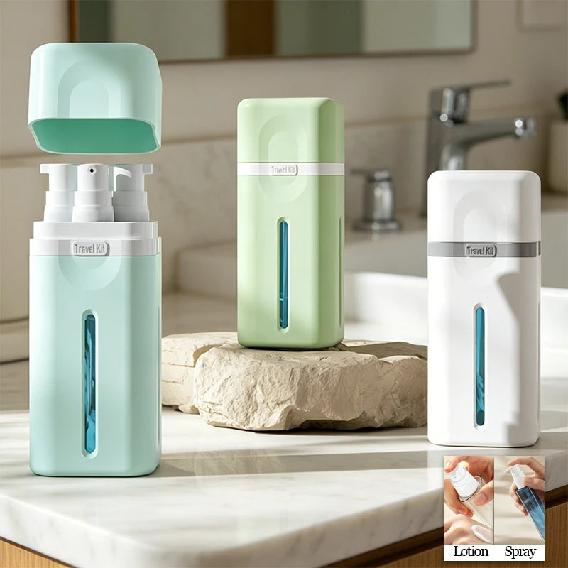 4 in 1 Travel Dispenser Bottle, Travel Bottles for Toiletries, Refillable, Leak Proof, Portable, for Travel, Camping, Business