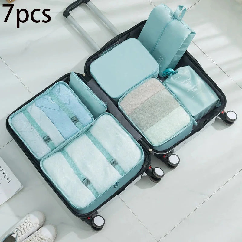7Pcs Travel Organizer Storage Bags Wardrobe Cube Suitcase Packing Cubes Set Storages Luggage Clothes Shoe Pouch Folding