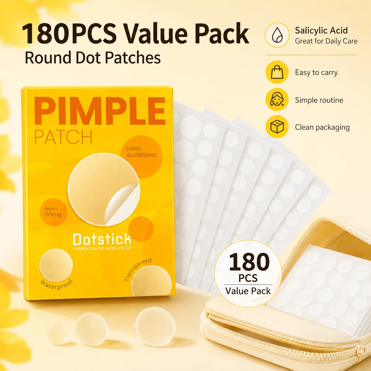 80PCS Round Acne Patches White Hydrocolloid Pimple Spot Cover Stickers Yellow Box Waterproof Face Body Skin Care