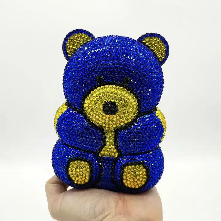 Boutique De FGG Brown Crystal Teddy Bear Evening Clutch Bags for Women Wedding Party Mini Minaudiere Purses and Handbags