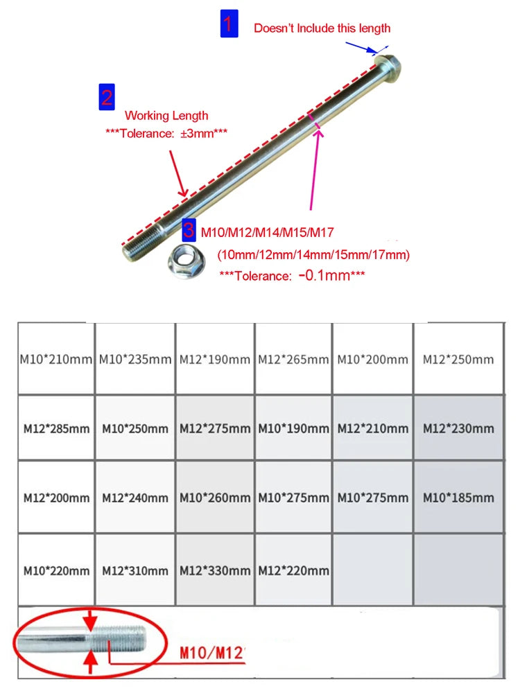 Motorcycle Wheel Axle Bolt With Nut M12 (12mm) 190mm/200mm/210mm/220mm/230mm/245mm/260mm/280mm/300mm/305mm Motorbike Hardware