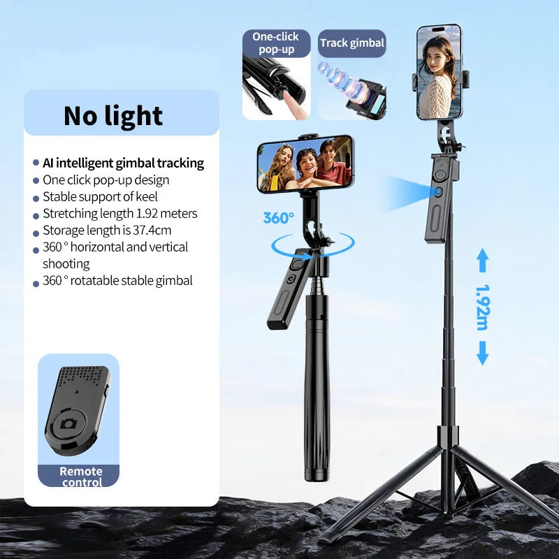 FANGTUOSI 192cm Tripod for Smartphone 360°Auto-Rotation Shooting Selfie Stick Phone Stand AI Face Following, with Remote Control