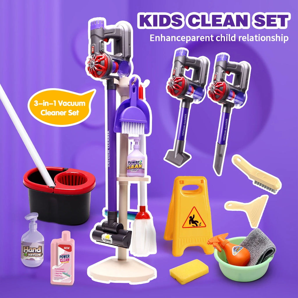 Kids Real Suction Cleaning Play Set with Storage Rack - 3-in-1 Electric Vacuum Cleaner & Pretend Cleaning Tools for Toddlers