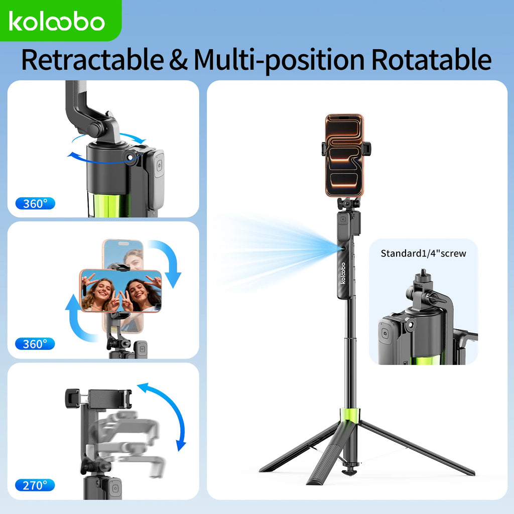 74" Gimbal Selfie Stick AI Face Tracking with Bluetooth Remote 1/4” Screw Tripod Stand for iPhone Vlog Streaming Photography