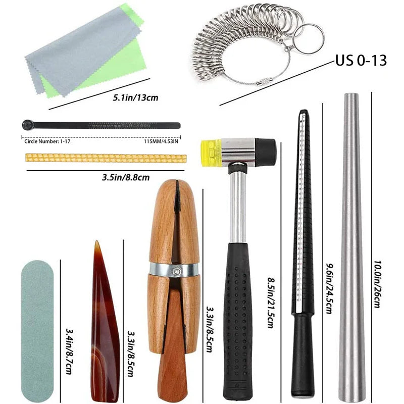 TOOLTOS 13PCS Ring Sizer Tool Kit with Mandrel Hammer Ring Clamp Gauge Polishing Tools for Jewelry Repair