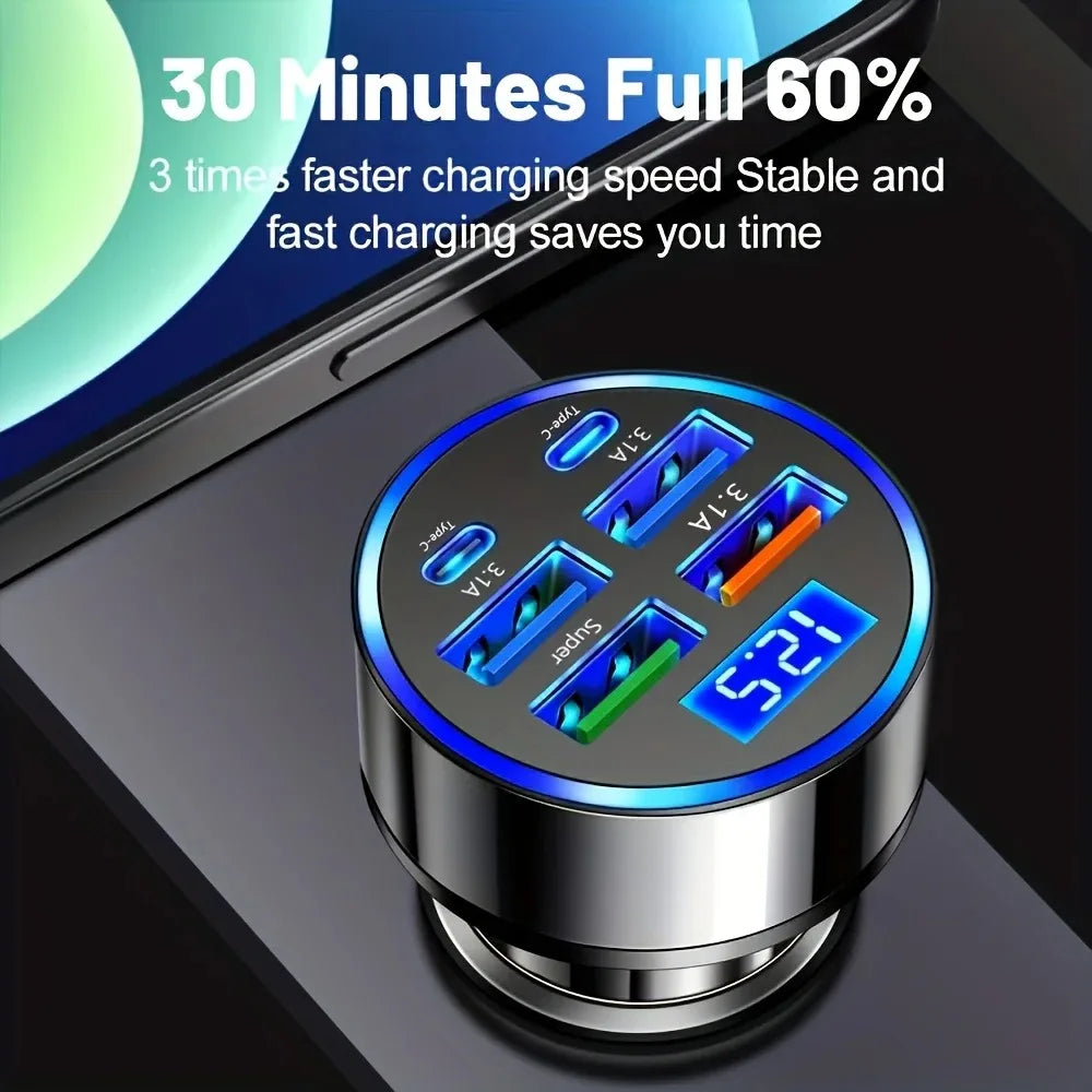 6-Port Car Charger, 3.1A USB & Type-C Fast Charge Adapter with LED Voltage Display Fast Delivery