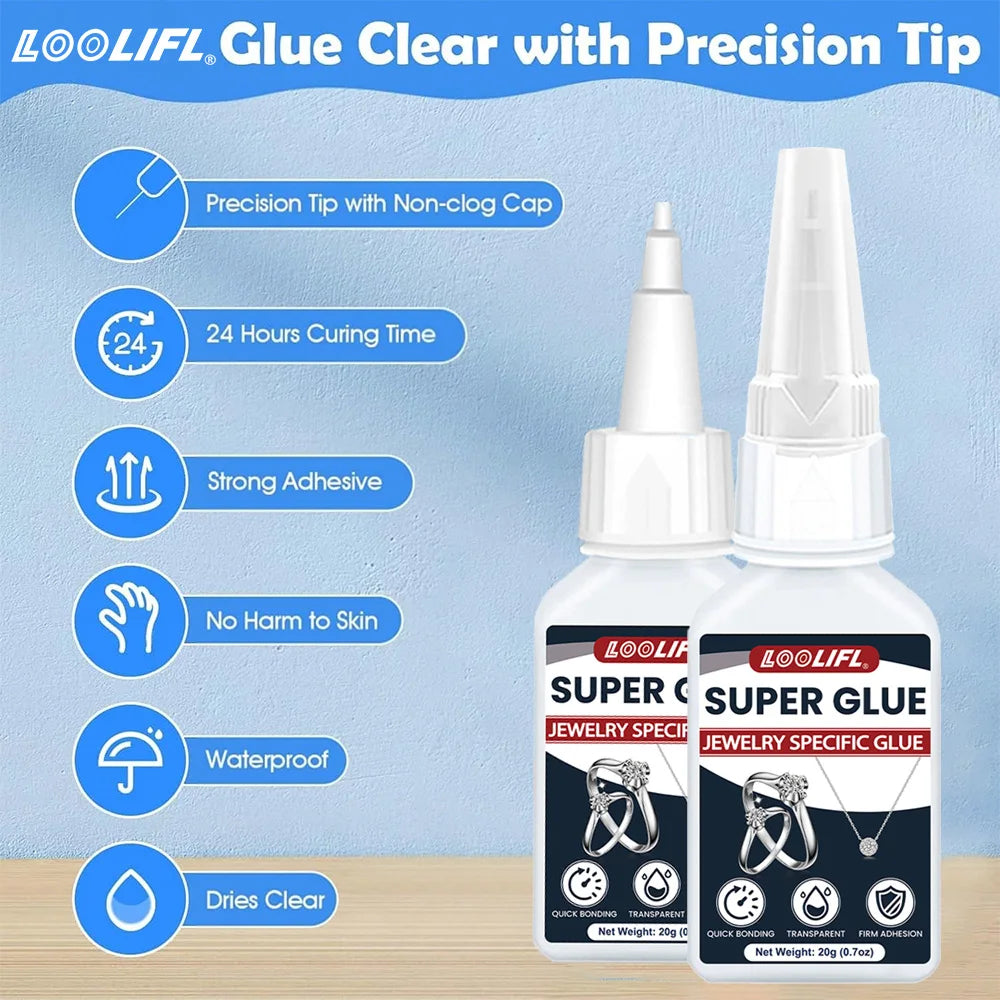 LOOLIFL 20g Jewelry Super Glue - Clear Strong Adhesive for Rings, Necklaces, Earrings & DIY Crafts, Quick Bonding Repair 1-5pcs
