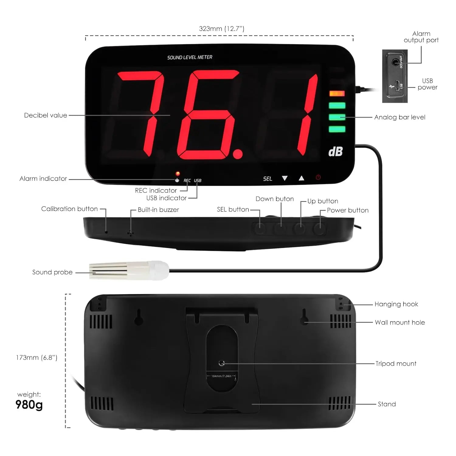 Wall-Mounted Sound Level Meter 30-130dB LED Digital Decibel Noise Tester Sound Light Alarm USB Data Logger for Bar Factor
