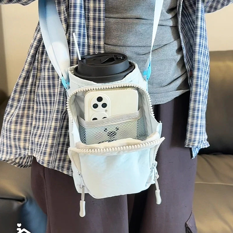 Drawstring Water Bottle Holder Crossbody Bag, Mini Shoulder Pouch, Portable Sling Bag with Phone Pocket for Daily Women Outdoor