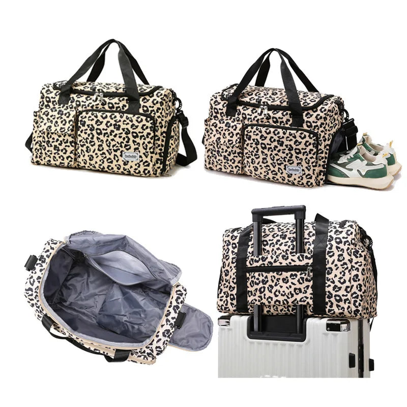 Classic Leopard Print Large Capacity Leisure Luggage Bag with Multiple Pockets and Shoe Compartment Sports Fitness Travel Bag