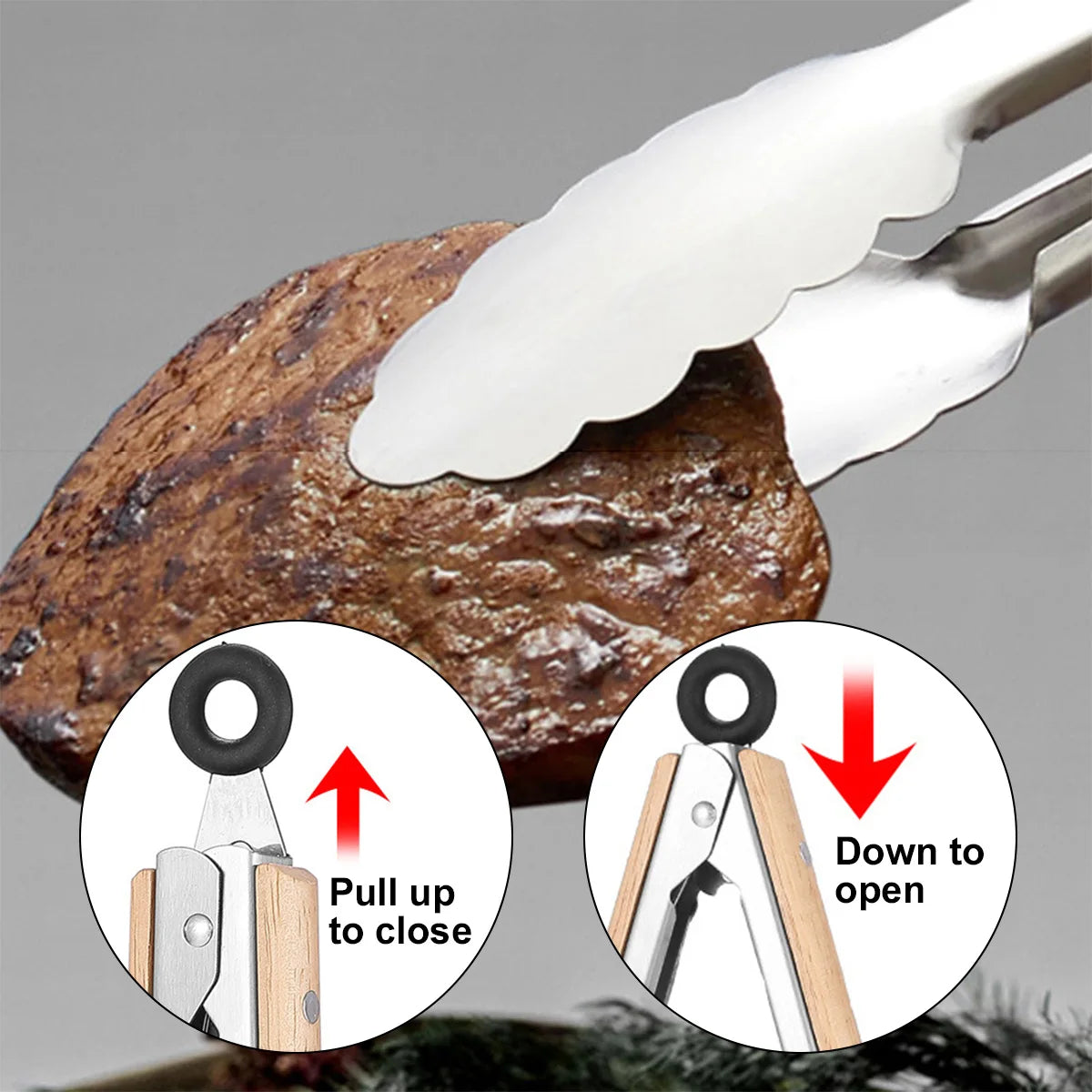 Leeseph Stainless Steel Food Tongs, 7-16 Inch Length, Heavy Duty Kitchen Tongs with Wooden Handle for Cooking, Grilling and BBQ