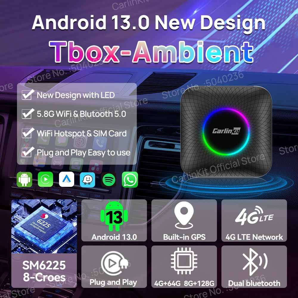 2026 CarlinKit CarPlay AI Box Android 13.0 SM6225 8-Cores Android Auto Wireless CarPlay Adapter 2.4+5GGPS 64G 128G FOTA Upgrade