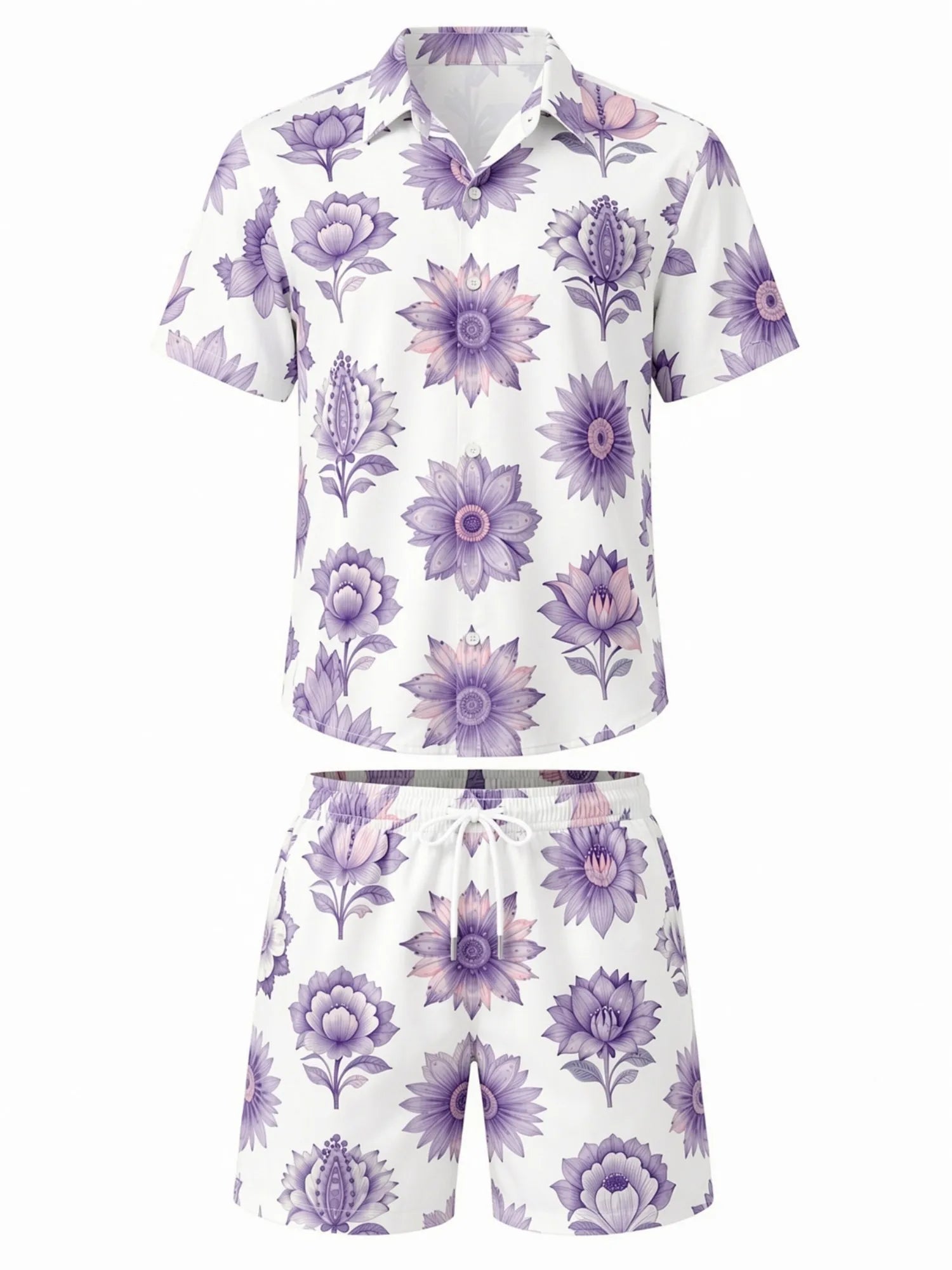 Mens Floral Short Sleeve Shirt and Drawstring Shorts Set Beach Vacation Matching Summer Two Piece Casual Beach Outfit Resortwear