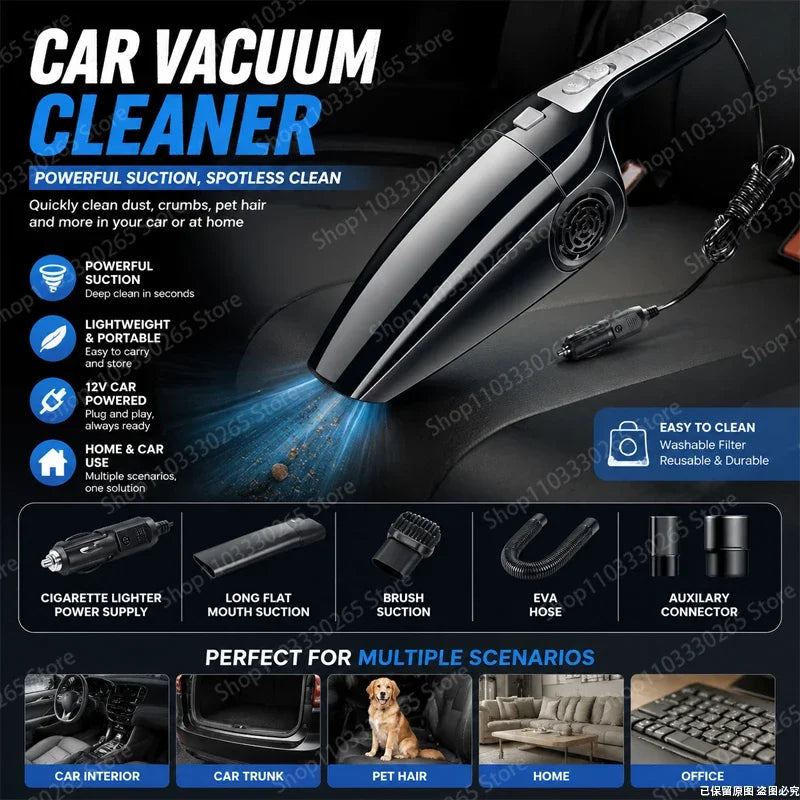 Handheld Car Vacuum Cleaner, 12V Cigarette Lighter Powered, Lightweight with Attachments for Deep Interior Cleaning