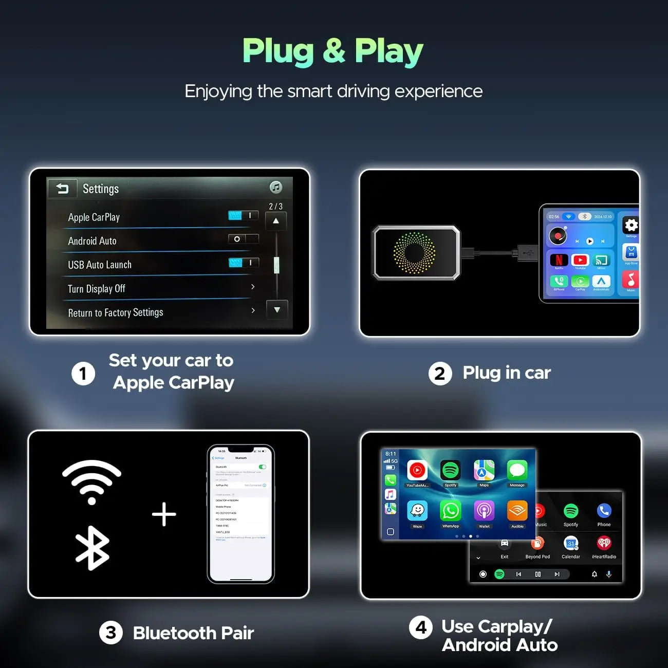 The 3-in-1 Magic Media Box Supports Netflix ,YouTube Streaming. It Comes With a Wireless CarPlay Adapter And a USB Port, And is Compatible With Vehicles Equipped With Factory-installed Wired Apple CarPlay and Android Auto Sys