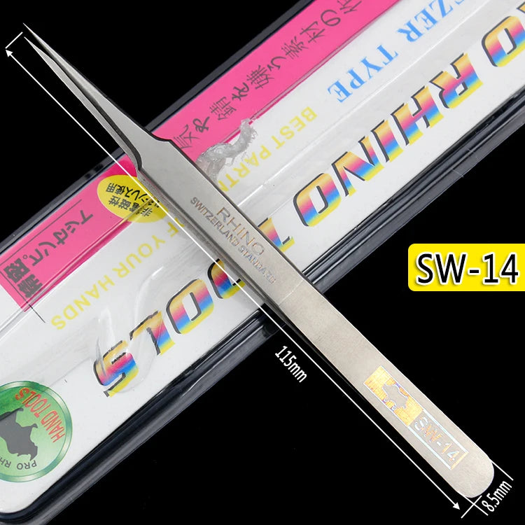 Japan RHINO SW Tweezers Frosted Anti-Magnetic Anti-Acid Slender Pointed Precision Forceps Electronic Components Clamping Tool