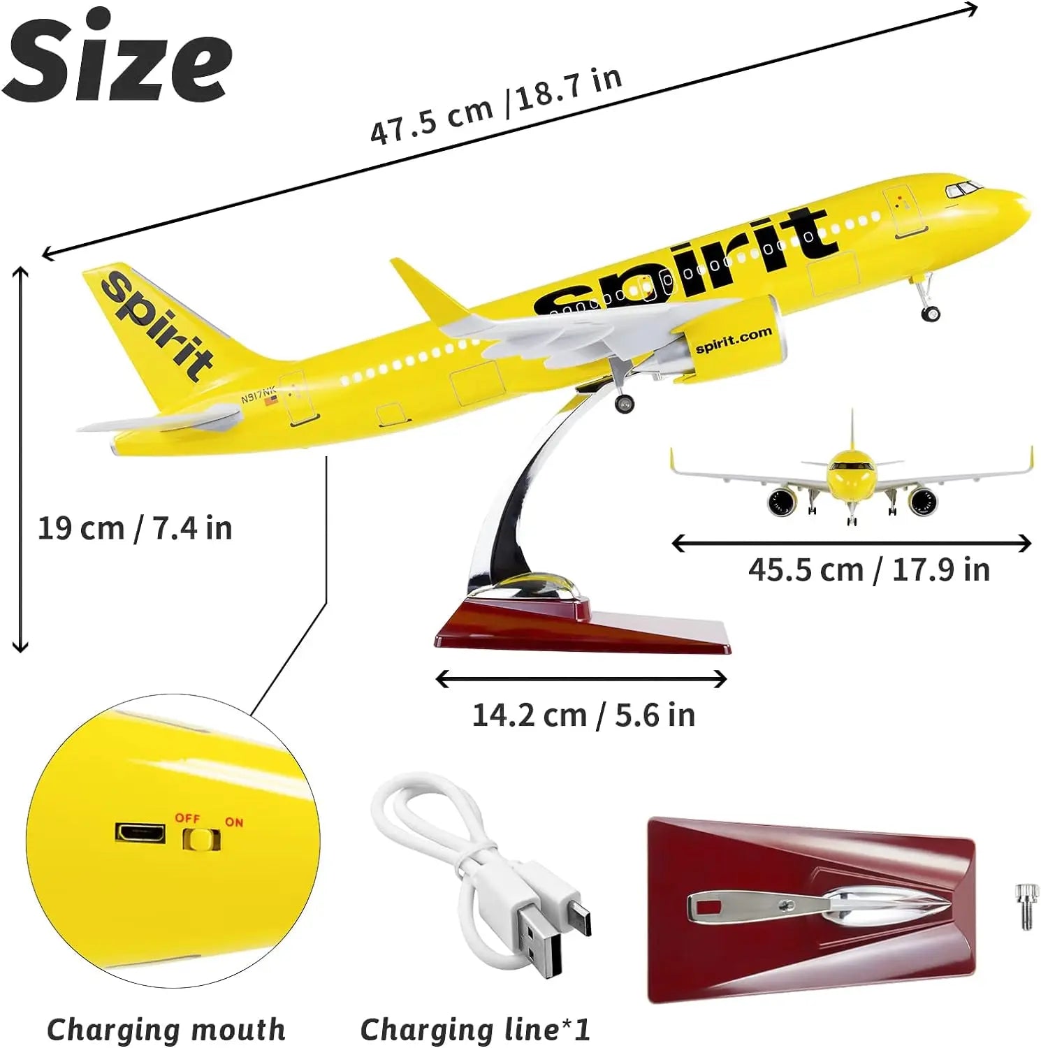 Spirit Aviation Airbus A320 Neo 1/80 Scale 47cm Metal Resin Aircraft Model Collectible Display Piece with Lights and Landing Gea