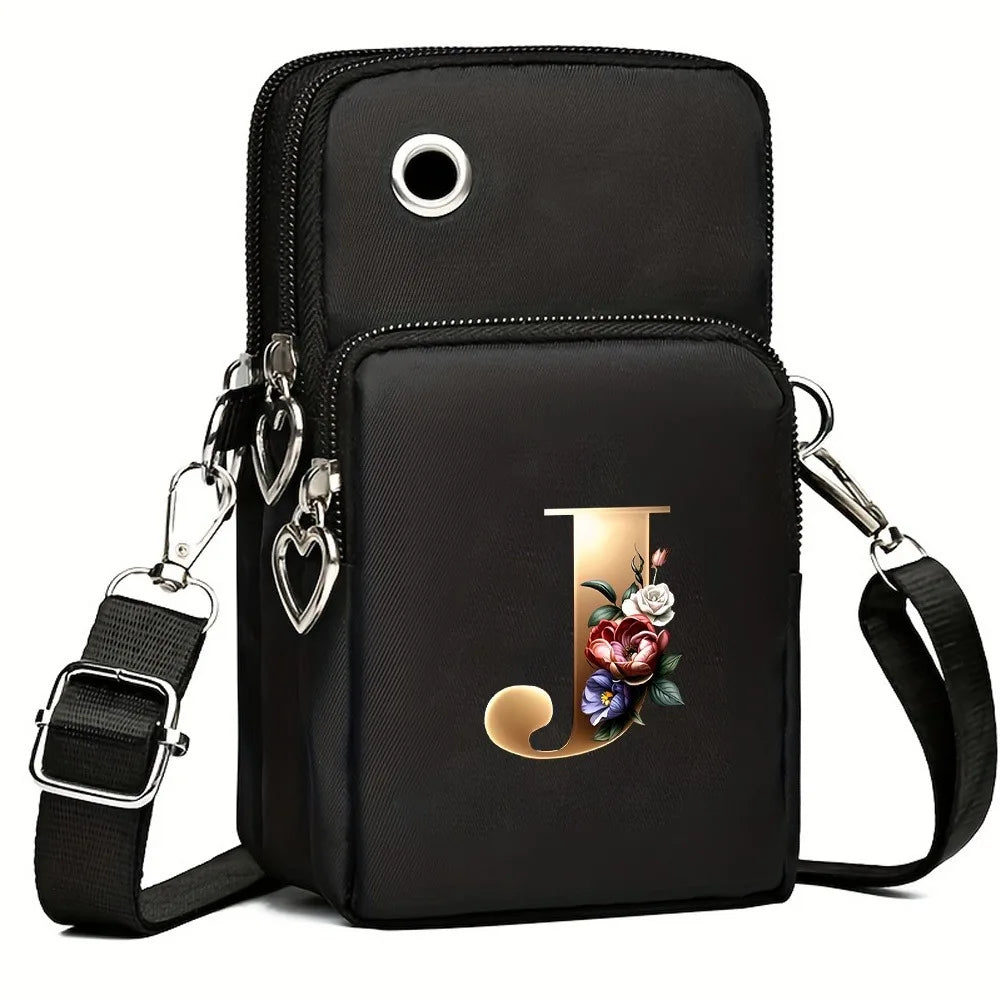 Fashion A-Z Letter Print Women's Crossbody Bag Large Capacity Three-Layer Zipper Phone Bag Daily Travel Coin Purse
