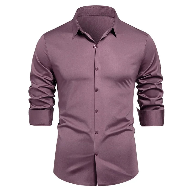 High-end Formal Work Shirts Men Spring Autumn Long Sleeve Elastic Shirt Anti-wrinkle Free Ironing Business Comfort Slim Workwear