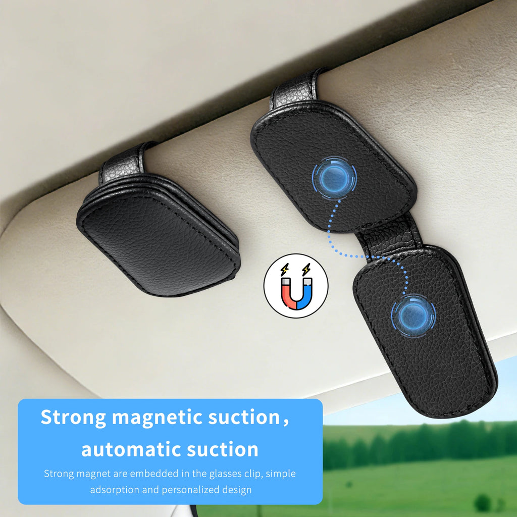 Magnetic Car Sunglasses Holder Clip Sun Visor Glasses Clips PU Leather Magnetic Suction Ticket Card Clip Auto Accessories
