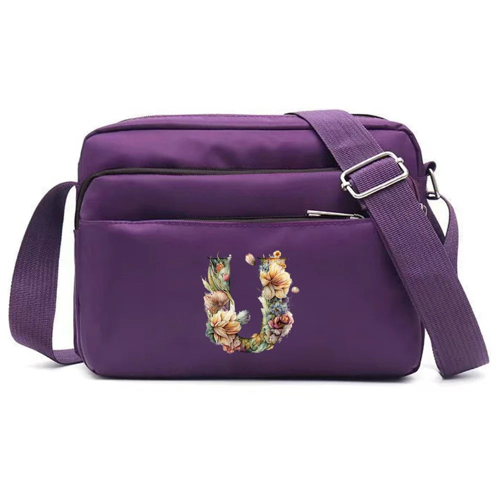 Leisure Purple One Shoulder Crossbody Bag Portable Commuting Large Capacity Floral Letter Series Printing Pattern Storage Bag