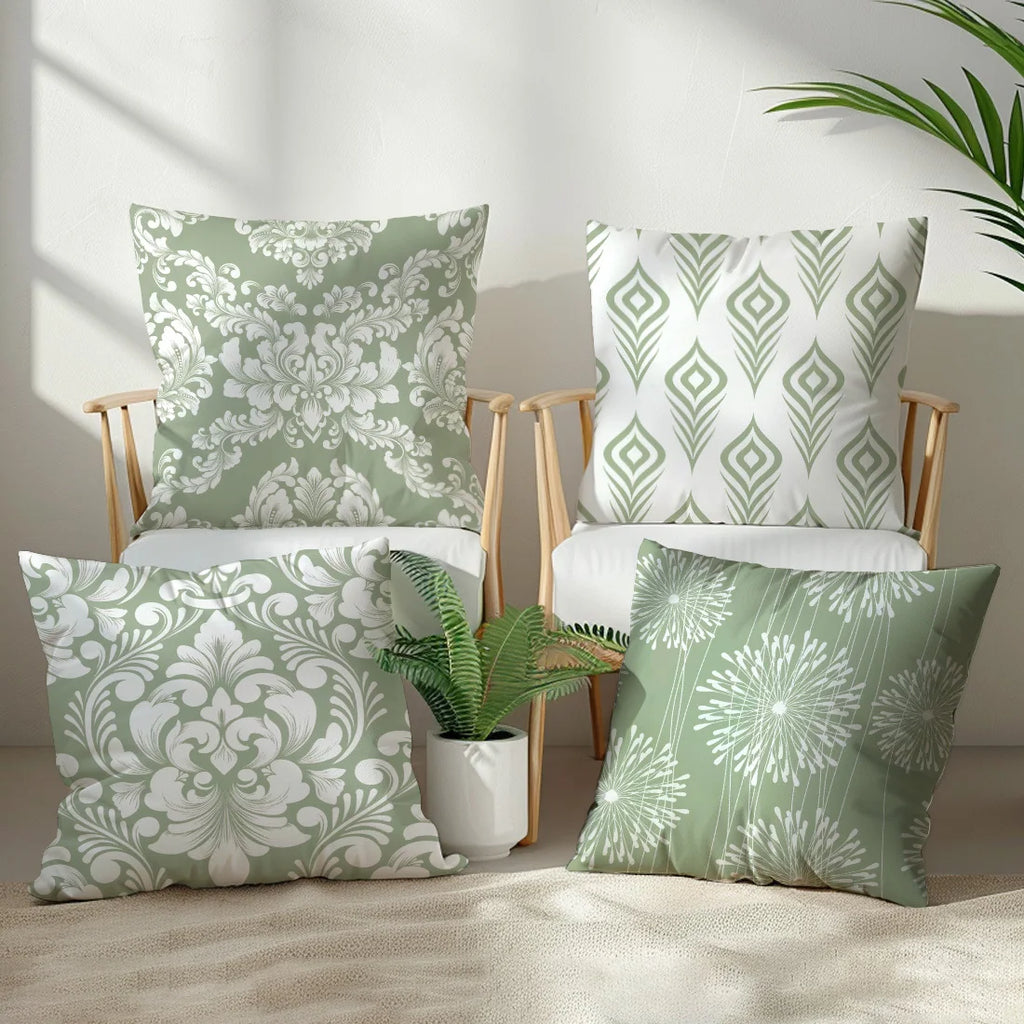 4Pcs Pillow Covers - Fresh White and Green Floral Pattern, Home Decor Cushion Cases for Living Room Sofa Bedroom
