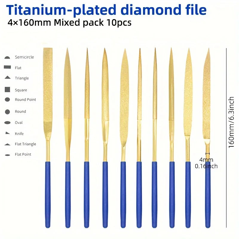 10pcs Diamond Needle Files, Mini Assorted Files Polishing Tools, Mini Files, Alloy Plated Titanium Files Set