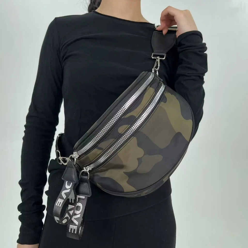 Ladies' fashionable nylon lightweight chest bag with multiple pockets, semi-circular casual sports running crossbody bag