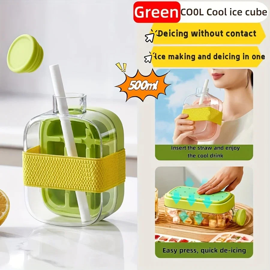 Large Capacity Ice Cube Maker Water Bottle Silicone Tray with Straw for Juice Beverage Cooling Stackable Design Durable Plastic