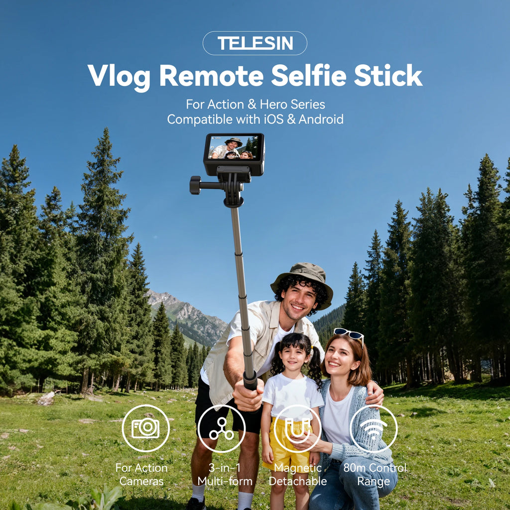 TELESIN Mini Remote Control Selfie Stick Tripod for DJI Osmo Action 6 5pro 4 360 GoPro Hero Smartphone Vlog Selfie Stick Stand