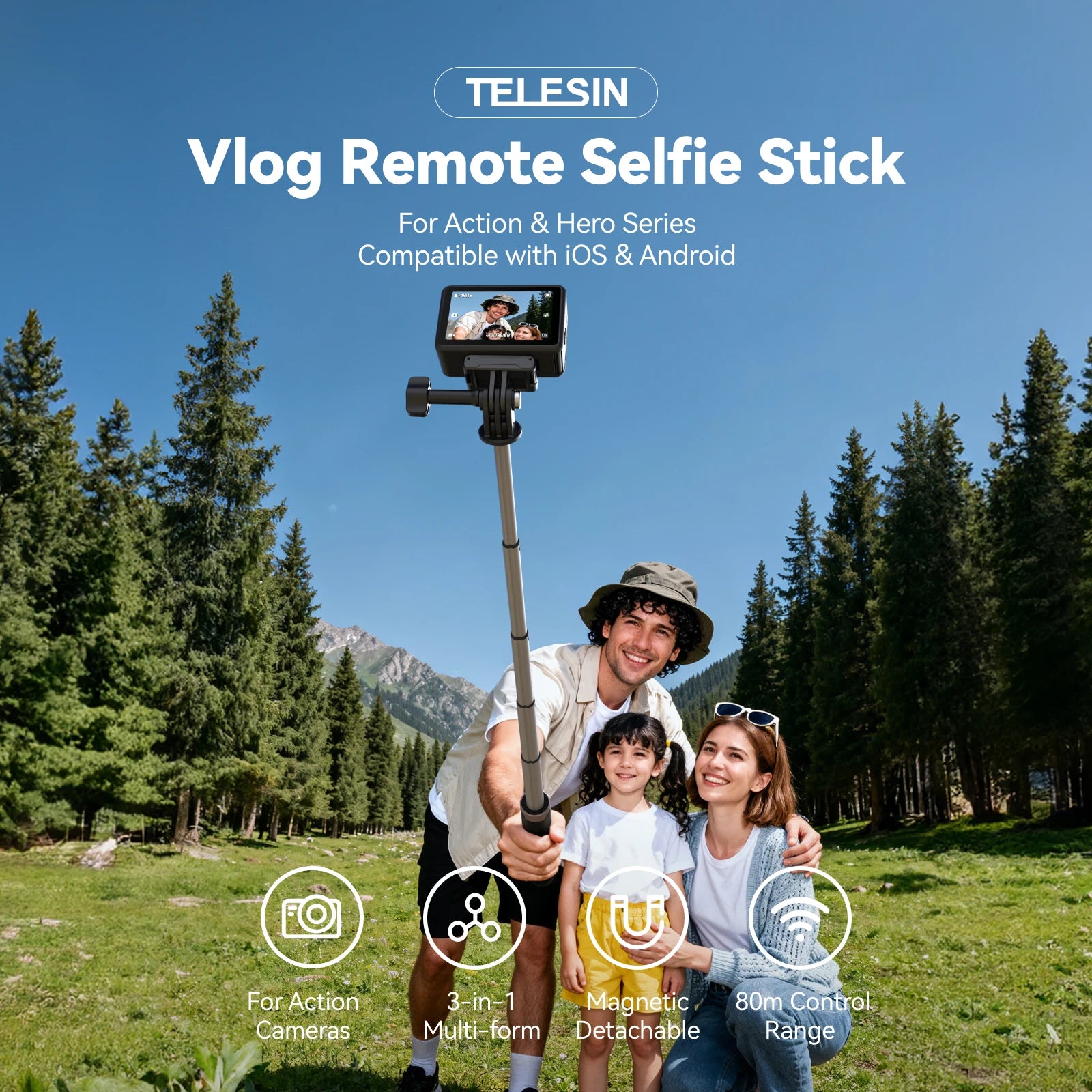 TELESIN Mini Remote Control Selfie Stick Tripod for DJI Osmo Action 6 5pro 4 360 GoPro Hero Smartphone Vlog Selfie Stick Stand