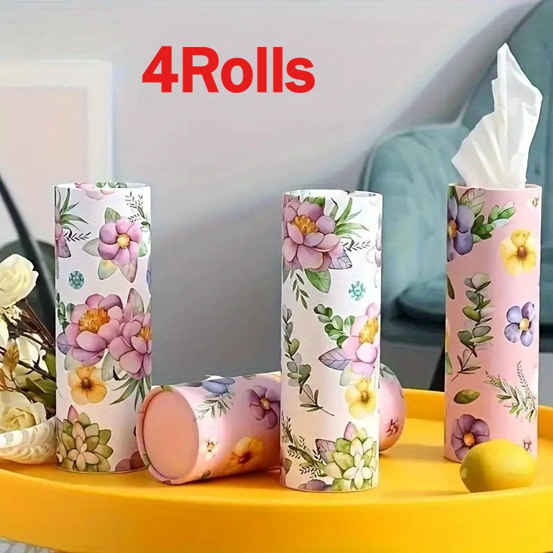 4Rolls Floral Car Tissue - Cylindrical Paper Towel Tube, Hand Wiping Paper for Car Seat, Includes Face Towels, Car Tissue Holder