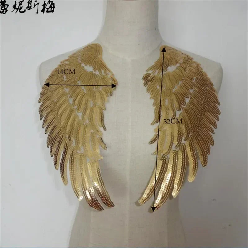 1Pair Large Size Gold Silver Applique Wings Embroidery Patch Fabric Sticker Iron On Patch Craft Sewing Repair Embroidered BD383