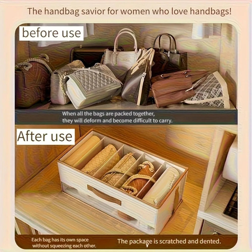 Clear Handbag Organizer For Closet Purse Storage Box Dustproof Divider With PU Leather Handles Space Saving Boutique Display