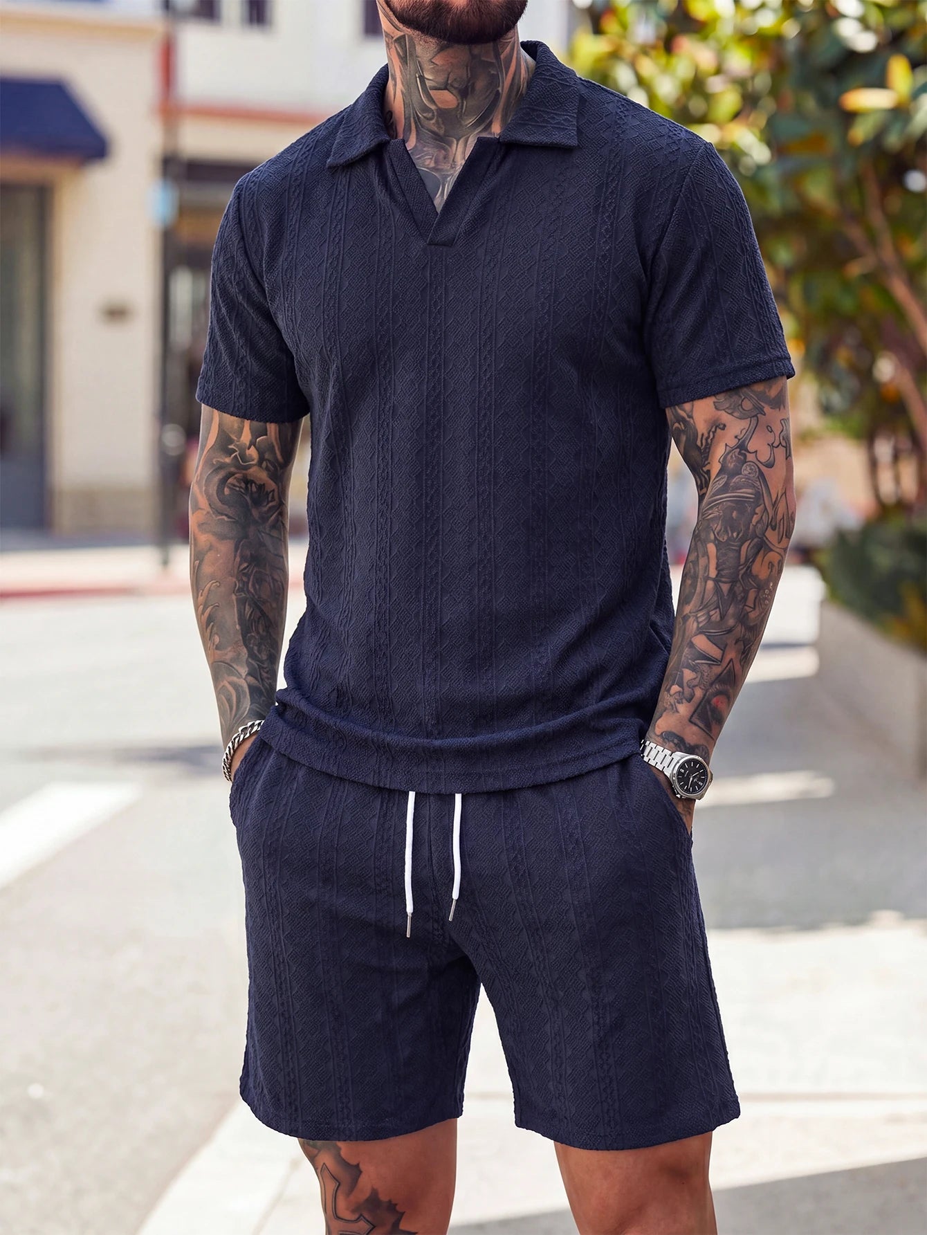 Lightly Mature Style Vertical Stripe Texture Casual Simple Breathable Men's Short-Sleeve Short Pants Two-Piece Set