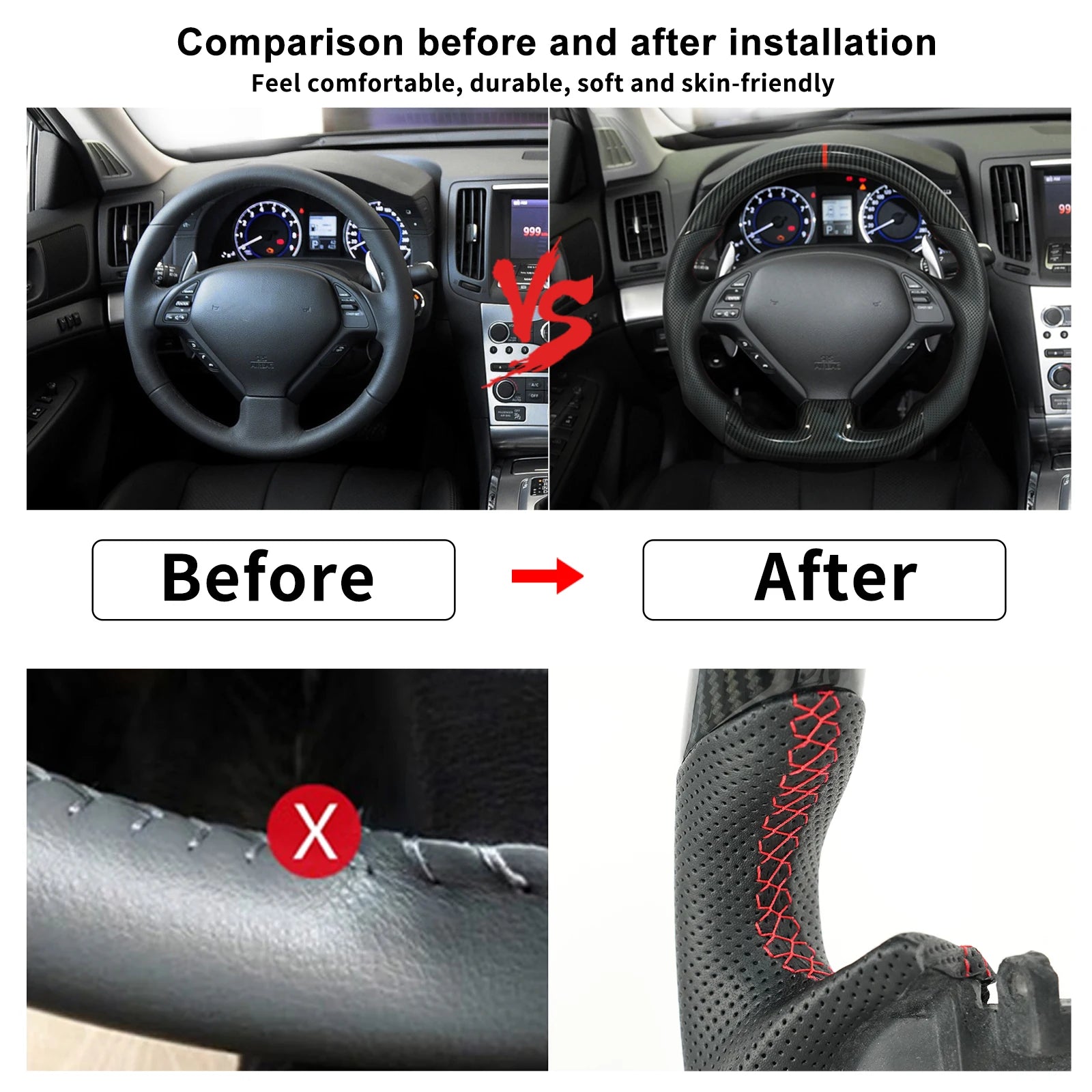 Hydro Dip Carbon Fiber Steering Wheel Red Stitching Center Line For INFINITI G25 G35 G37 QX50 Q60 2009-2013 Car Accessories